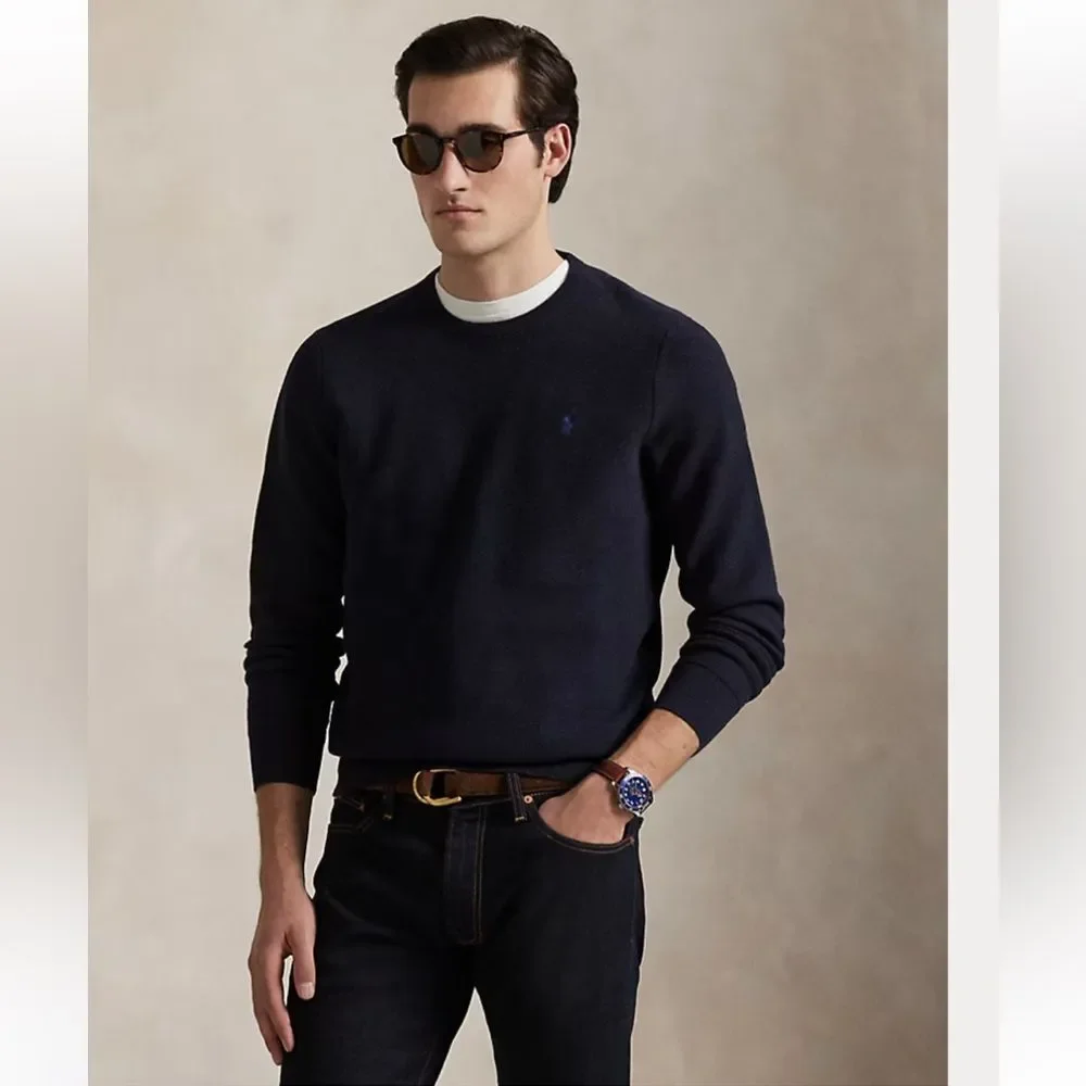 Ralph Lauren Mesh-Knit Cotton Crewneck Sweater in Navy Heather